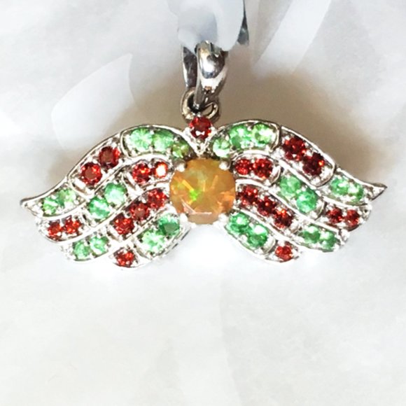 .925 Silver Opal, Tsavorite & Red Garnet Wings Pendant Angel Natural - Picture 14 of 16